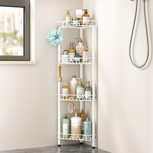 SWTYMIKI Standing Shower Caddy Corner - 4‑Tier Stainless Steel Shower Organizer Shelf with 16 Hooks and Adhesive Pads, Rustproof Corner Shelves Stand Rack for Bathroom Shower Room, white