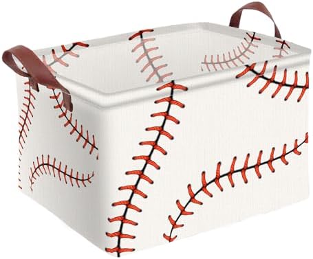Baseball Decor Storage Basket Waterproof Canvas Toy Storage Bin Baseball Room Decor Collapsible Outdoor Basket with Leather Handles Blanket Baskets For Closets,Bedrooms,Gifts Baskets