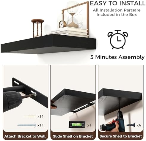 48 Inch Floating Shelves for Wall, 12"D Wood Storage Shelves, Black Finish