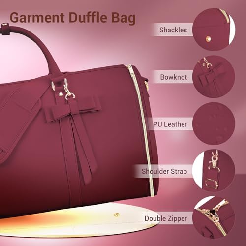 Garment Bags for Travel, Convertible Suit Travel Bag for Women, Stylish Carry On Garment Bag with Toiletry Pocket, Shoulder Strap and Shoes Compartment, 2 in 1 Foldable PU Leather Duffle Bag, Sangria