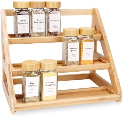 Spice Rack, Spice Organizer -3 Tier Bamboo Spice Racks, Solution for Spice Storage in Kitchens, Countertops，Storage Rooms and Other Places