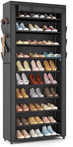 VTRIN Vertical Narrow Shoe Rack Organizer Tall Shoe Rack for Closet Entryway 10 Tier Non-Woven Cover Shoe Shelf Holds 36-41 Pairs Free Standing Shoe Storage Cabinet with Dustproof Cover, Black
