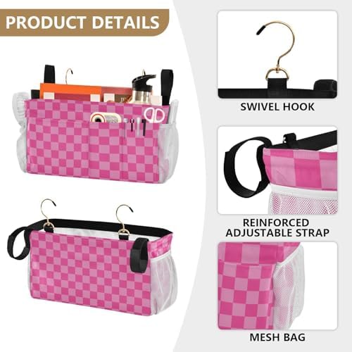 Pink Checkered Print Bedside Caddy Storage Bag Bedside Organizer for Bunk Bed Headboards College Organizer Caddy Hanging Shelf 6 Pockets with Hooks for Drinks Magazine Phone Holder