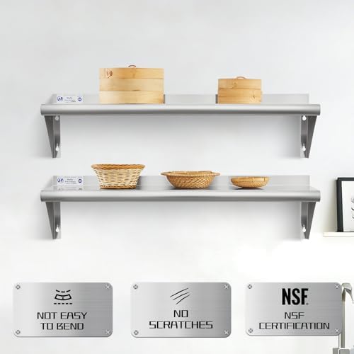 Hally Stainless Steel Shelf 2 Pack Wall Mounted Metal Shelves 10"x36" NSF | Kitchen Wall Shelf, 315lb Capacity, Heavy Duty Commercial Storage Rack, for Restaurant, Cafe, Bar , Garage, Laundry Room