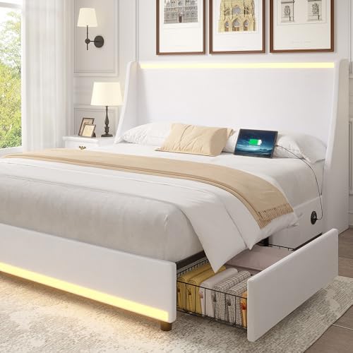 VECELO Full Size Bed Frame with Storage Drawers, Upholstered Platform Bedframe with Wingback Headboard, No Box Spring Needed, White