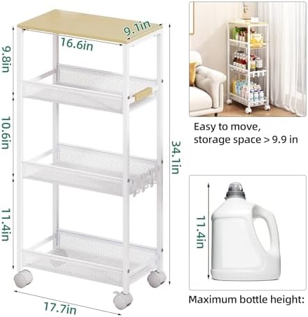 4-Tier Slim Utility Rolling Laundry Cart with Wheels, Easy to Assemble | 9.1" Wide for Narrow Spaces, Wood Top with Metal Frame, Mobile Storage Shelves for Bathroom, Kitchen, Office
