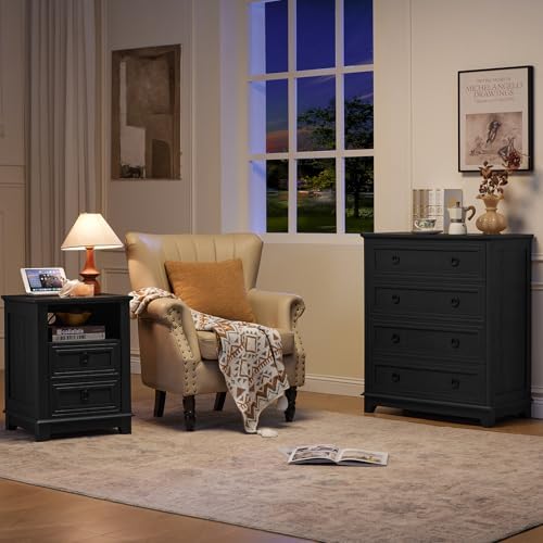 Joaxswe Farmhouse 4 Drawer Dresser for Bedroom, 35" Tall Chest of Drawers | Rustic Wood Dresser with Metal Handle, Storage Organizer Closet for Living Room, Hallway, Entryway, Black