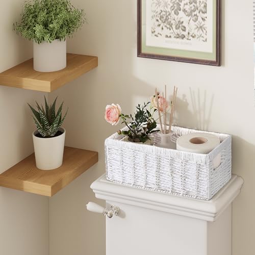 Vagusicc Wicker Storage Basket, Set of 2 Hand-Woven Paper Rope Wicker Baskets for Organizing Decor Storage Bins for Counter Shelves Pantry Basket Small Toilet Paper Basket for Toilet Tank Top, White