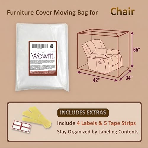 Wowfit 4mil Furniture Cover for Moving, Chair Storage Bag, 34Wx42.1Dx65/48H