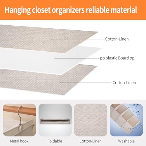Large Hanging Sweater Organizer for Closet,Collapsible 6-Shelf Hanging Closet Shelves with Drawers, Washable (Beige -5 Shelf-2 d)