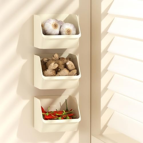 3 Pack Wall Mounted Storage Organizer Bins, Floating Shelves Fridge Organizer Storage Bins, Stackable Organizer Basket for Wall, Refrigerator, Kitchen, Bathroom, Countertops, Pantry (White)