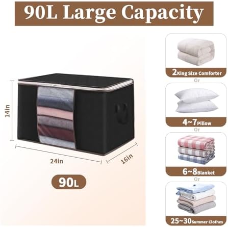 90L Clothes Blanket Storage Bags, 6 Pack Under Bed Storage Bins with Lids, Foldable Closet Organizer with Reinforced Handles for Clothing, Blanket, Comforters, Bed Sheets, Pillows and Toys, Black