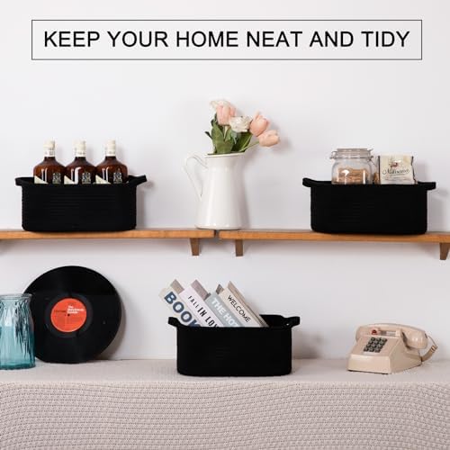 OIAHOMY 3 Pack Storage Baskets for Shelves Cotton Rope Storage Bins Black