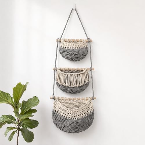 Macrame 3-Tier Hanging Wall Basket, Handwoven Jute Storage Organizer, Boho Decor for Kitchen, Bathroom, Living Room, Natural Cotton Rope Fruit Holder (Gray&White)