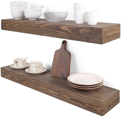 Floating Shelves 3 inch Thick for Wall Set of 2,Solid Pine Wood Wall Mount Shelf for Kitchen Living Room Bedroom Bathroom,8" D x 36" L x 3" H-Black Walnut