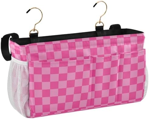 Pink Checkered Print Bedside Caddy Storage Bag Bedside Organizer for Bunk Bed Headboards College Organizer Caddy Hanging Shelf 6 Pockets with Hooks for Drinks Magazine Phone Holder