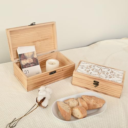 Wooden Storage Box Set of 2 - Hand Carved Floral Decorative Boxes | With Hinged Lids - Solid Pine Keepsake Organizer for Jewelry, Photos, and Rustic Farmhouse Home Décor