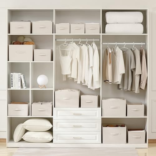 linen closet organizers and storage, Large Storage Baskets, washable, clothes organizer with handle, sweater organizer for closet (Beige, 15¾"x11¾ x9¾)
