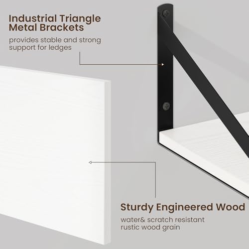 Fun Memories Floating Shelves for Wall, 12 Inch Deep Floating Shelves Set of 2, 24W x 12D Large Wall Shelf with Sturdy Metal Brackets for Living Room, Bathroom, Bedroom and Kitchen, White