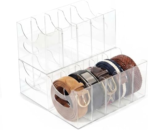 Belt storage Organizer for Closet with Removable Dividers - 5 Compartments & Handles Drawer organization and storage for underwear, Socks, and Bow Ties Acrylic Belt Organizers (3pack)