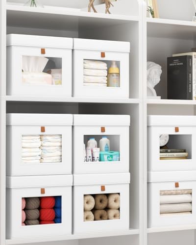 Homsorout Storage Bins with Lid – Closet Organizer with Side Opening and Clear Window, Foldable Stackable Fabric Basket for Clothes, Home, Office - 13.77" x 11.8" x 9.8", 4 Pack, White