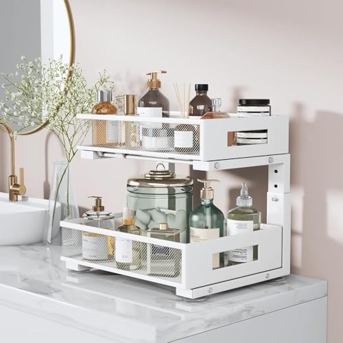 Under Sink Organizer, 2-Tier Dual Pull Out Cabinet Organizer Drawers With Smooth Circular Rail, Large Capacity Metal Mesh Sliding Shelves For Bathroom& Kitchen Storage,Height Adjustable–White,2 Packs