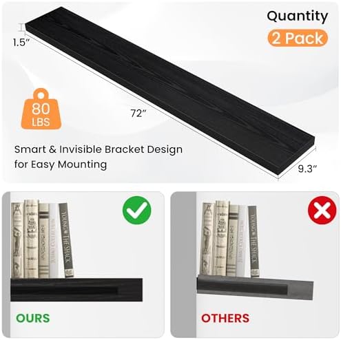 Floating Shelves for Wall, 72"W x 9.3"D x 1.5"H, Long Wooden Wall Mounted Display Shelves with Invisible Brackets for Living Room, Bedroom, Bathroom, Kitchen Decor and Storage, Set of 2, Black