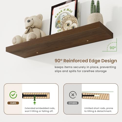 36in Floating Shelves for Wall, 36"W x 9.25"D x 1.25"H, 2 Pack Long Wall Mounted Engineered Wood Shelves with Invisible Brackets for Living Room, Bedroom, Bathroom, Kitchen Decor and Storage, Walnut