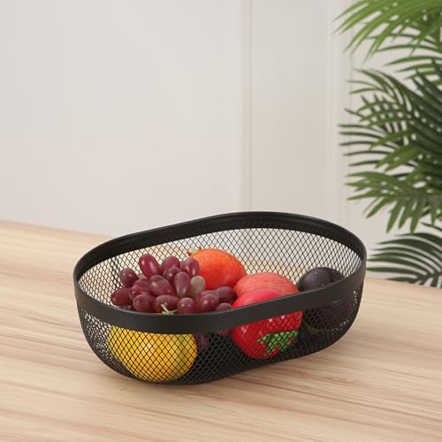 AJIODA Metal Mesh Steel Basket, Oval Metal Wire Storage Organizer Baskets Multi Functional Kitchen Baskets Countertop Fruit Baskets Garden Harvest Basket for Kitchen Picnic Decor Cabinet Home, Black