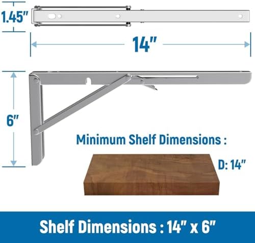 LEOPO 14 Inch Folding Shelf Brackets, 2 Pack Foldable Shelf Supports | Heavy Duty Triangle Wall Mounted Collapsible Brackets for Fold Down Table, Space Saving for Bench Table, Stainless Steel