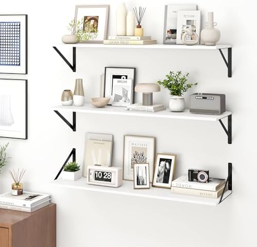 Fun Memories Deep Floating Shelves for Wall, 36W x 8D Wall Mounted Shelves Set of 2, Wide Display Ledge Shelf with Sturdy Metal Brackets for Living Room, Bathroom, Bedroom and Kitchen, White