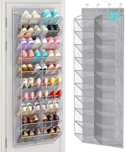 MISSLO 30 Pairs Over the Door Shoe Organizer Breathable Mesh Hanging Shoe Rack for Closet Storage with Wide Deep Pockets 10 Tier Shoes Holder Fit All the Family's Sneakers, Boots, Heels (Grey, 71")