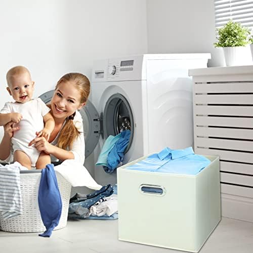 Black Fabric Cubby Storage Bins,13x13x13 Inches ,Cube Organizer Bin Foldable Storage Boxes with Dual Handles Fabric Organizer Box and collapsible Storage basket,Set of 3,Creamy-White