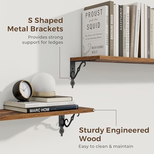 RICHFOCUS Floating Shelves for Wall Decor, 47.3W x 8D Shelves Set of 2, 8 Inch Deep Rustic Wood Shelf Wall Mounted with Brackets, Long Shelves for Living Room Bedroom Kitchen, Rustic Brown