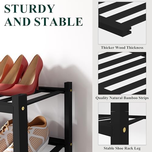 Smiry Bamboo Shoe Rack, 8 Vertical Slats, 3 Tier - 17.3" Wide, Black