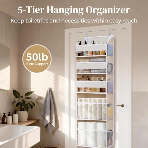 5 Tiers Over the Door Organizer with 10 Mesh Side Pockets, 44 lbs Weight Capacity Closet Hanging Storage Organizer with Large Clear Window Kids Toys, Shoes, Diapers, Beige，2 Pack