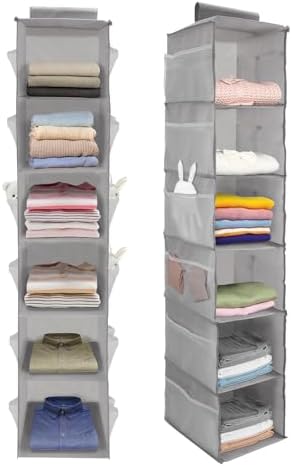2Pack Hanging Closet Organizer, 6 Tier Hanging Storage Shelves, Foldable Clothes Organization, Wardrobe Organiser with 18 Side Pockets for Home Bedroom Organization Clothes Accessories