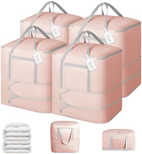 Comforter Storage Bag - 120L Bedding Storage Bags for Moving Closet, Washable Blanket Storage Bag, Ultra Space Saving Self Compression Organizer, 4-Pack, Pink