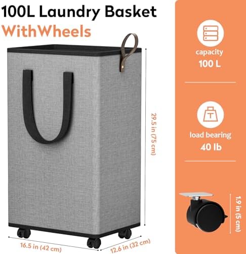 SpaceTrove Rolling Laundry Basket with Wheels, Laundry Hamper, 100L, Grey | Collapsible, 4 detachable wheels including 2 with brakes, sturdy handle, metal frame, for dorms, bathrooms and bedrooms