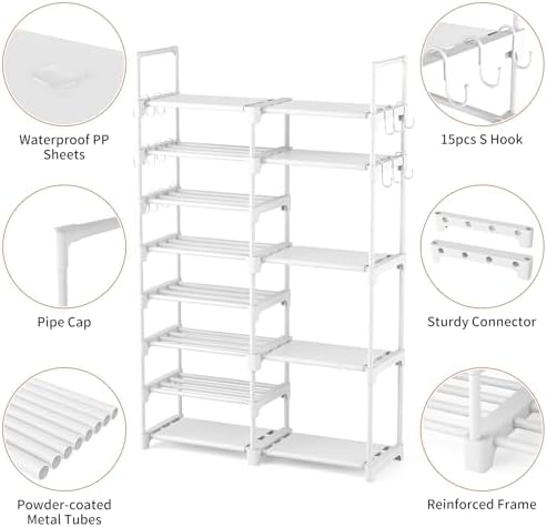 ROJASOP White Shoe Rack, Tall Metal Shoe Rack Organizer for Entryway Closet Garage, 8 Tier Large Shoe Shelf for 26-32 Pairs Boots & Shoes Storage, Space Saving Heavy Duty Shoe Stand