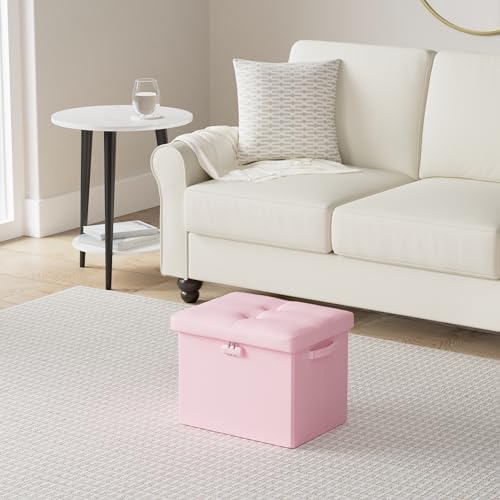 DocSafe Storage Ottoman Foot Rest Stool with Lock ＆ Handles, Fireproof Folding Leather Footstool Bench with Storage Safe for Living Room Bedroom, Home Office, Dorm, 17x13x13in, Pink