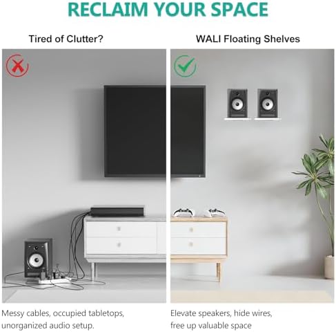 WALI Surround Sound Speaker Wall Mount, 1 Pair Heavy Duty Floating Shelf | Bookshelf Speaker Stands for Living Room, Home Theater and Gaming Room, Wall Shelves Hold up to 55 Lbs (SWM302W), White