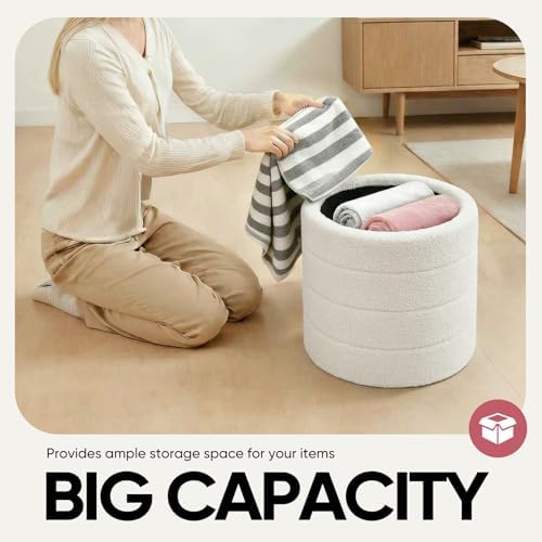 17 in Round Storage Ottoman,Boucle Sherpa Ottoman with Tray, Faux Teddy Footrest for Bedroom Dorm Living Room