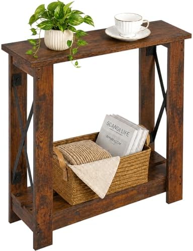Slim Side Table, 6.6 Inch Ultra Narrow End Table, Rustic Brown