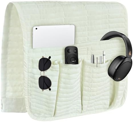 MEHIDFY Sofa Armrest Caddy, Waterproof Bedside Storage Organizer, Non Slip Armchair Pockets, Remote Control Holder for Couch, Handy Pouches with 6 Pockets for TV Remote, Phone, Magazine(White)