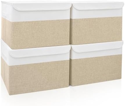Bagnizer Large 22 Quart Linen Fabric Foldable Storage Bin Cube Organizer Basket with Flip-Top Lid & Handles, Clothes Blanket Box for Home, Office, Closet, Beige & White, 4 Pack 14.6 x 9.5 x 9.5”