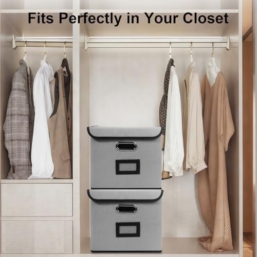 File Storage Box with Lid, 15.55x12.87x10.43 Inches, Foldable Organizer with Handles & Label Slot, for File Storage, Home, Office, and Closet Organization(2 Packs, Grey)