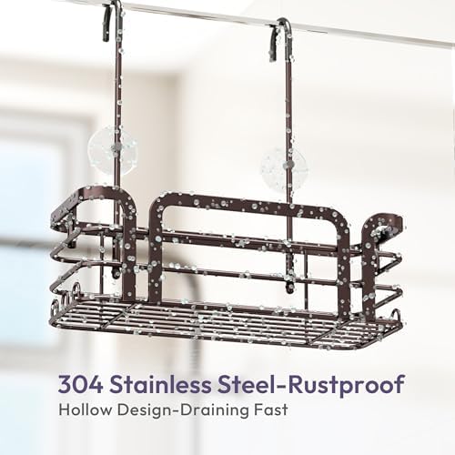 SWTYMIKI Shower Caddy Hanging Organizer - Over the Door Shower Caddy with 6 Hooks, 2 Installation Ways, Stainless Steel Rustproof Bathroom Organizer, Bronze