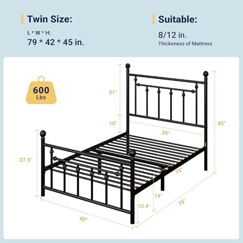 Allewie 14'' Twin Size Metal Platform Bed Frame, Vintage Headboard, Black