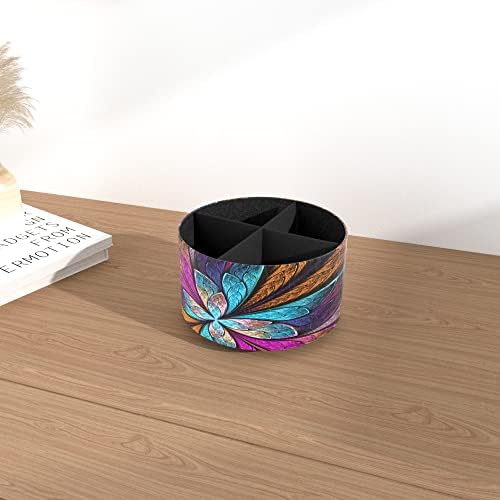 Round Leather Art Supply Organizer,Remote Control Holder,360 Degree Rotating,Multi-Functional Pencil Holder,4 Compartments Desktop Stationary Organizer(1-Fractal Flower)